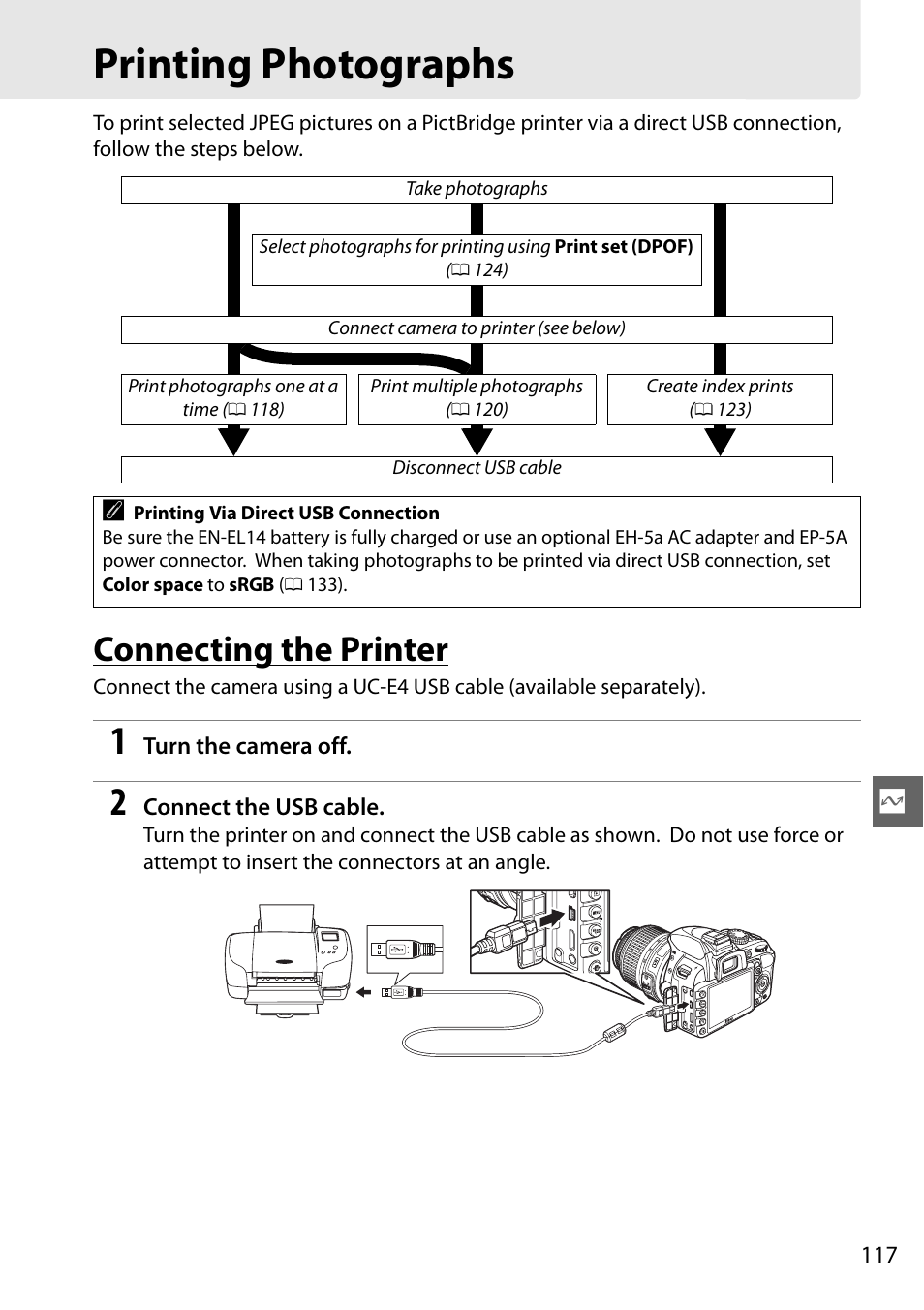 Printing photographs, Connecting the printer | Nikon D3100 User Manual | Page 133 / 224