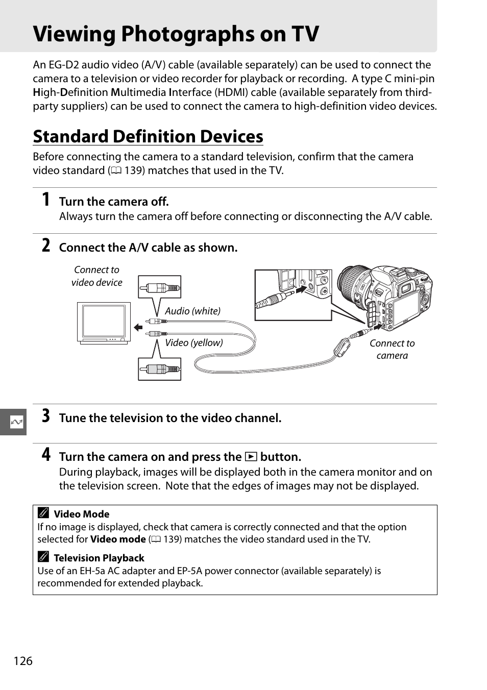 Viewing photographs on tv, Standard definition devices | Nikon D3100 User Manual | Page 142 / 224