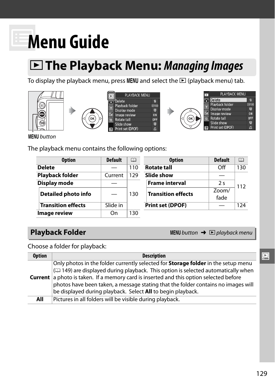 Menu guide, The playback menu: managing images, Playback folder | D the playback menu: managing images | Nikon D3100 User Manual | Page 145 / 224