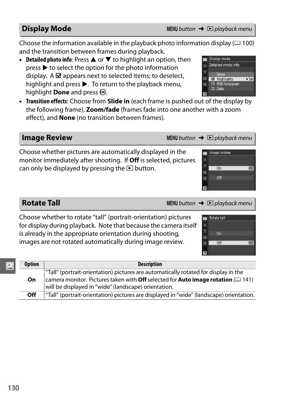 Display mode, Image review, Rotate tall | Nikon D3100 User Manual | Page 146 / 224