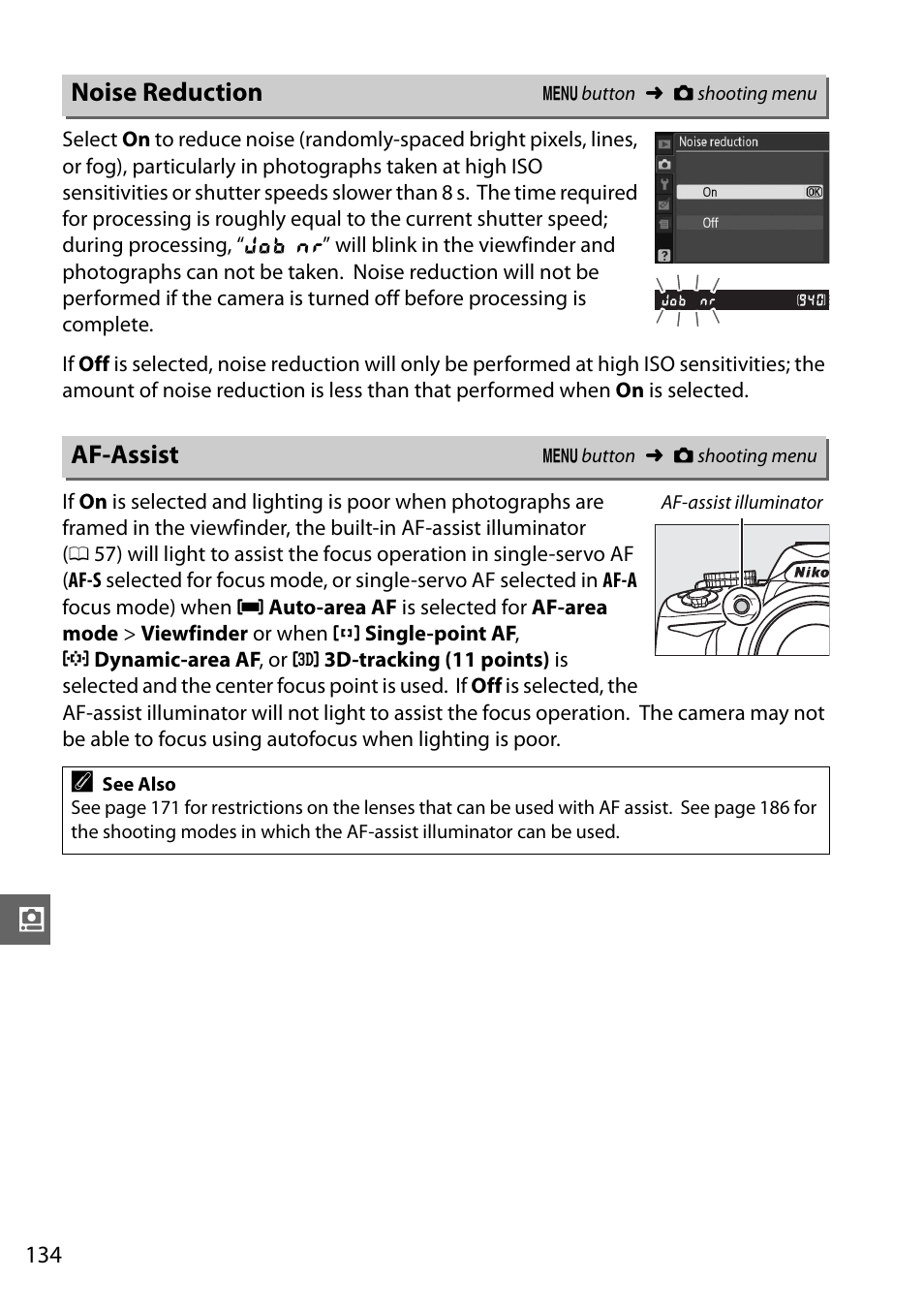 Noise reduction, Af-assist | Nikon D3100 User Manual | Page 150 / 224