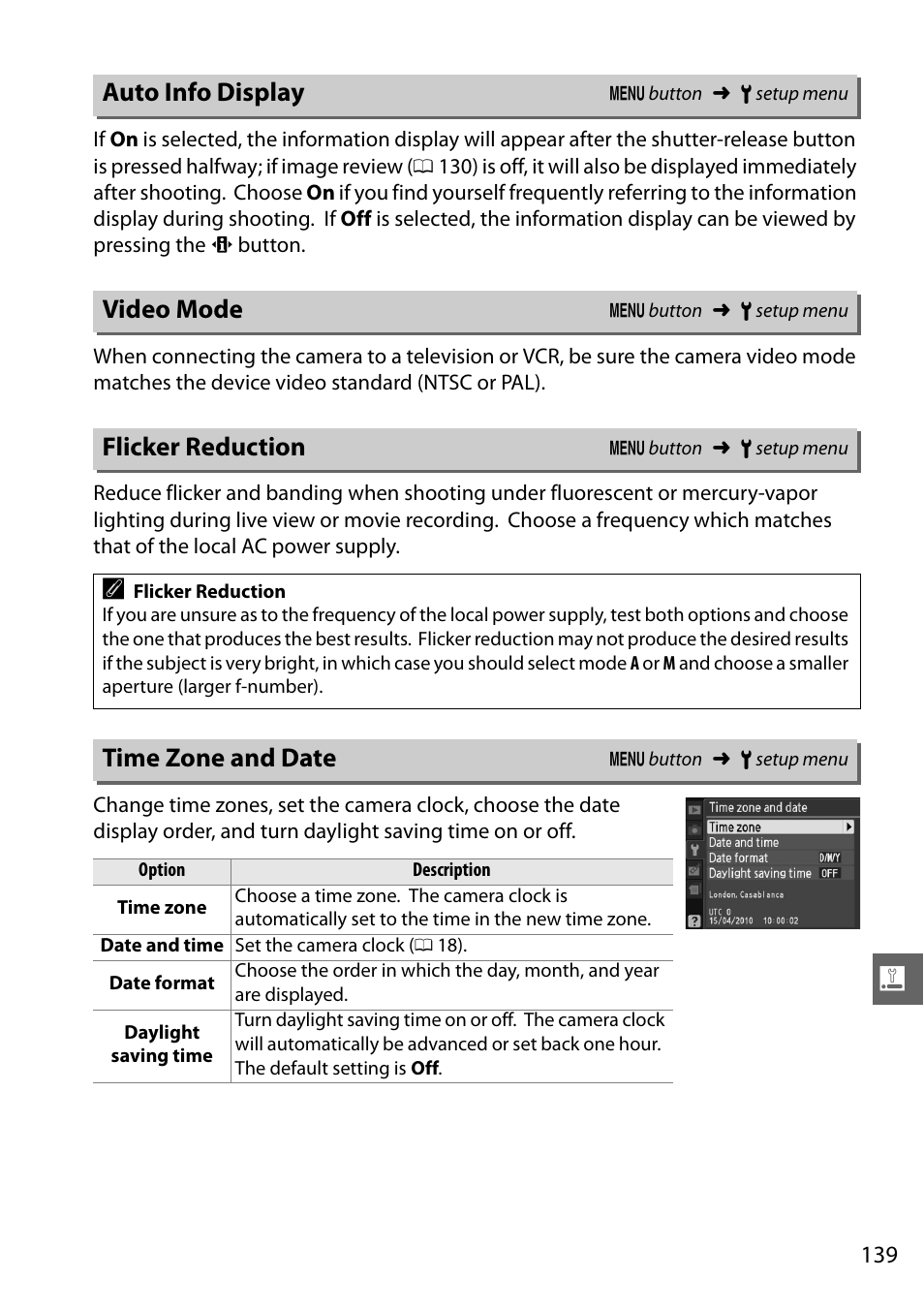 Auto info display, Video mode, Flicker reduction | Time zone and date | Nikon D3100 User Manual | Page 155 / 224