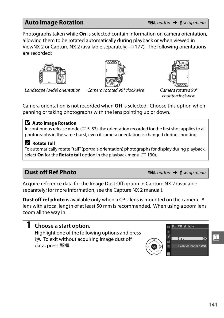 Auto image rotation, Dust off ref photo | Nikon D3100 User Manual | Page 157 / 224