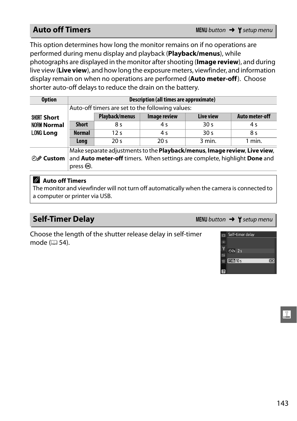 Auto off timers, Self-timer delay | Nikon D3100 User Manual | Page 159 / 224