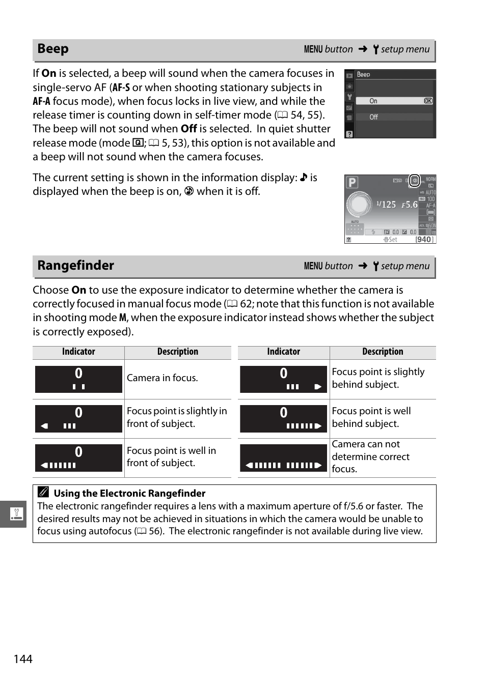 Beep, Rangefinder | Nikon D3100 User Manual | Page 160 / 224