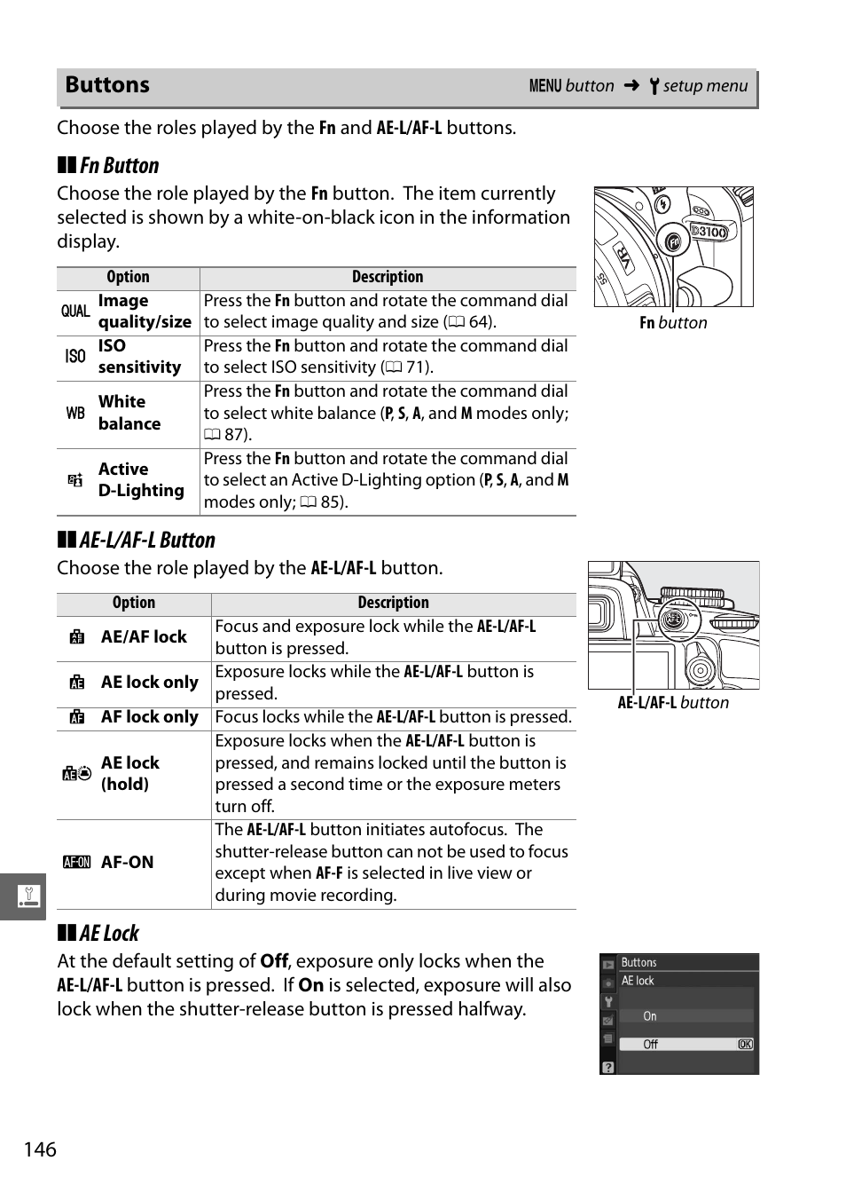 Buttons, Fn button, Ae-l/af-l button | Ae lock | Nikon D3100 User Manual | Page 162 / 224