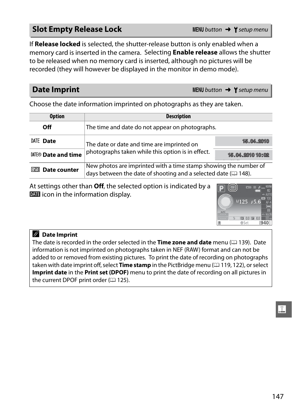 Slot empty release lock, Date imprint | Nikon D3100 User Manual | Page 163 / 224