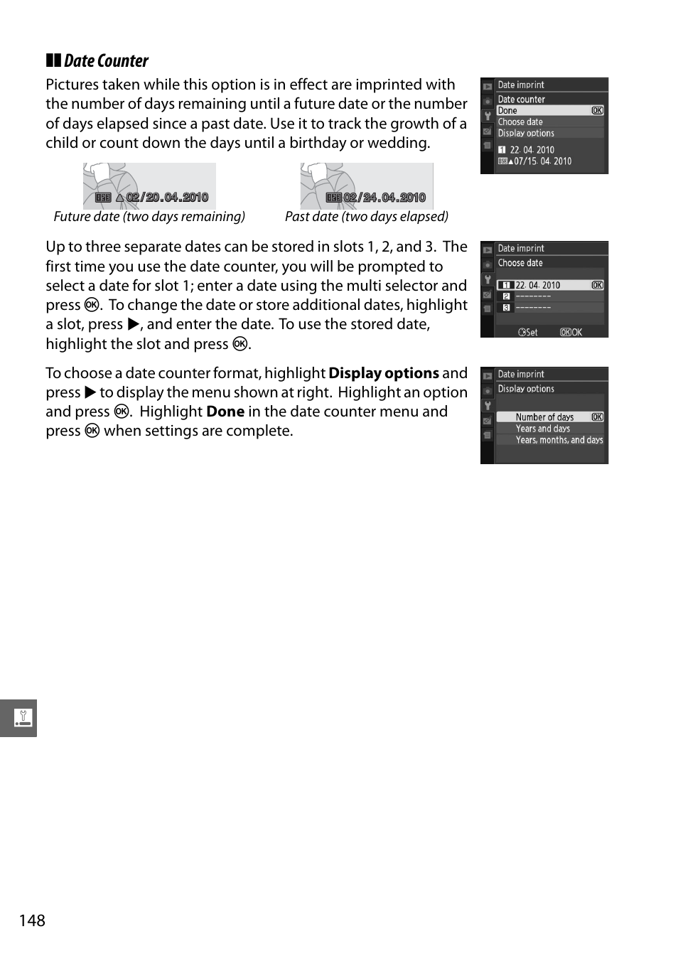 Date counter | Nikon D3100 User Manual | Page 164 / 224