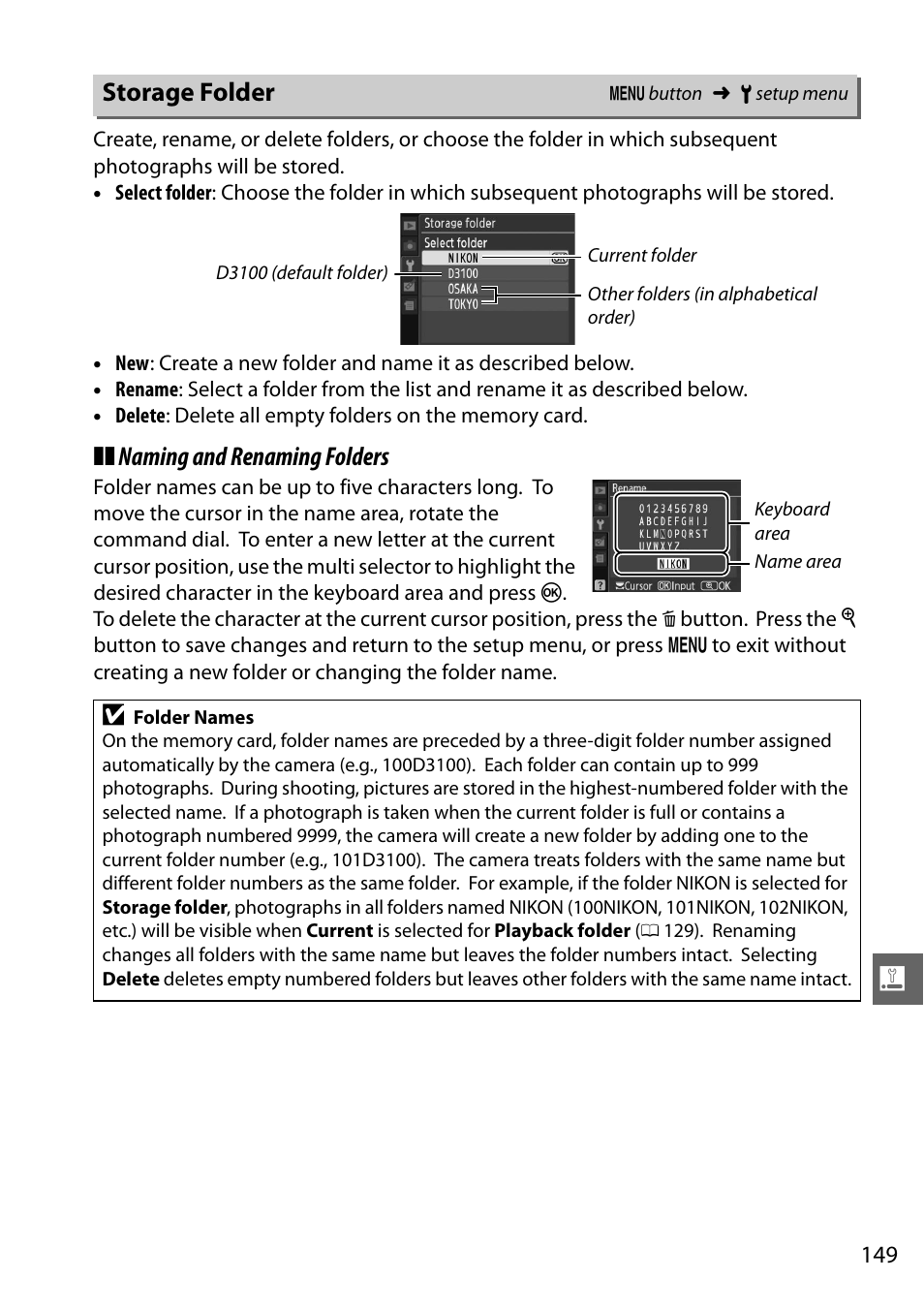 Storage folder, Naming and renaming folders | Nikon D3100 User Manual | Page 165 / 224