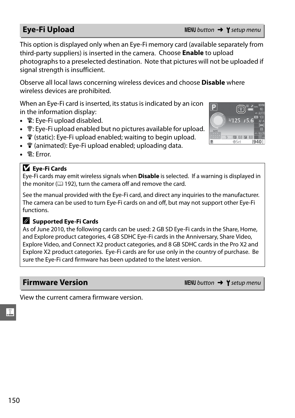 Eye-fi upload, Firmware version | Nikon D3100 User Manual | Page 166 / 224