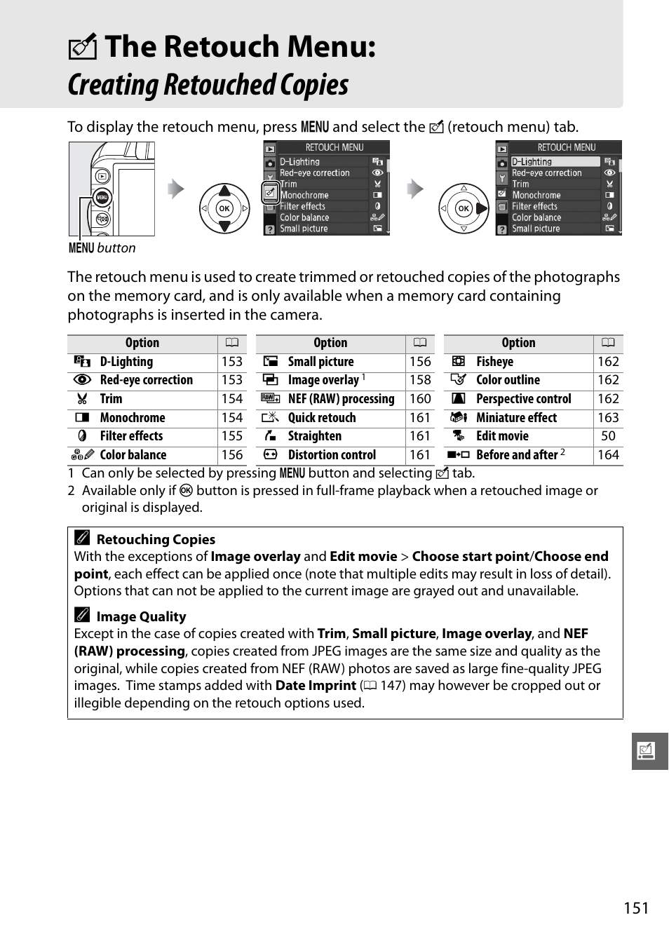 The retouch menu: creating retouched copies, N the retouch menu: creating retouched copies | Nikon D3100 User Manual | Page 167 / 224