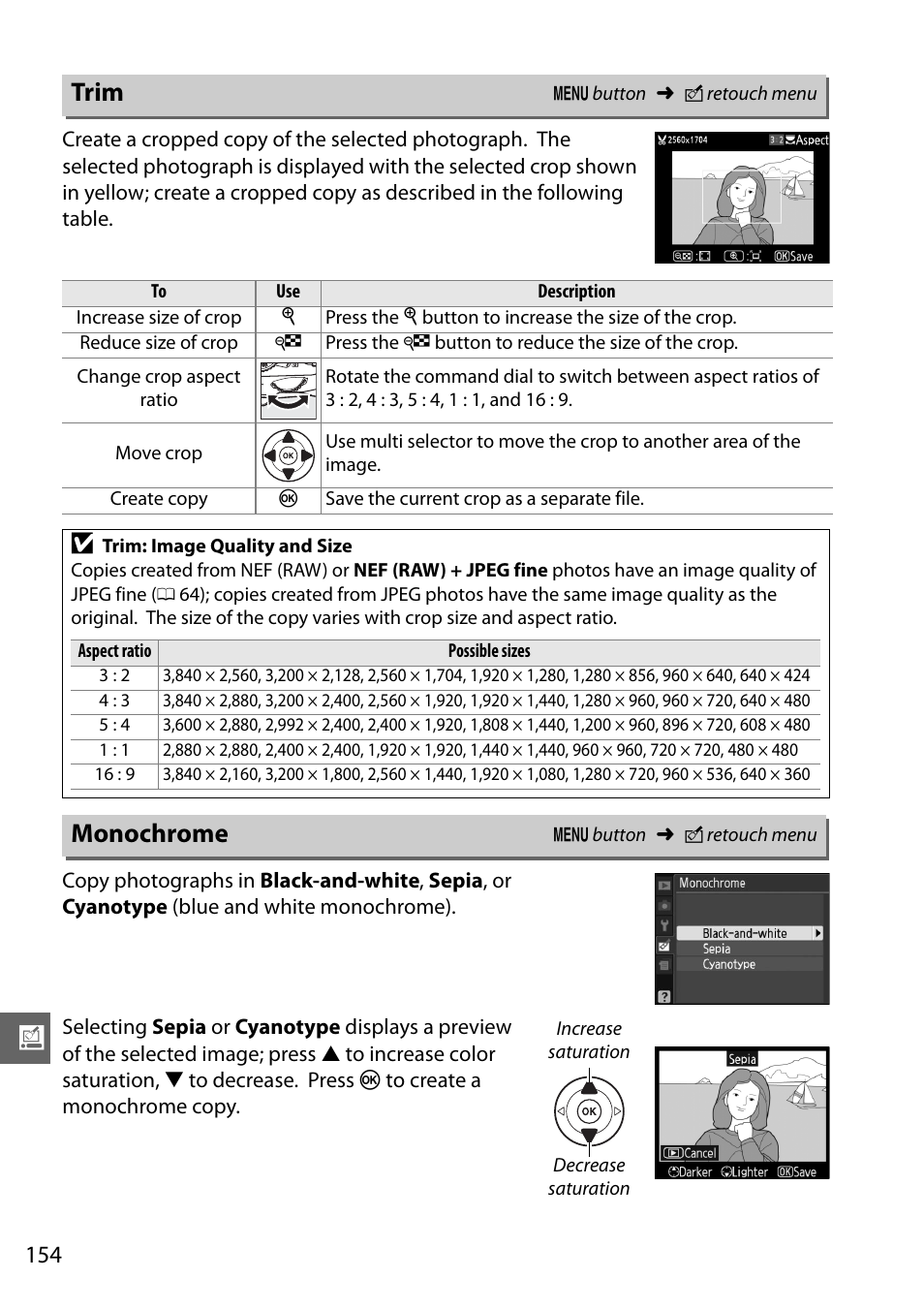 Trim, Monochrome | Nikon D3100 User Manual | Page 170 / 224