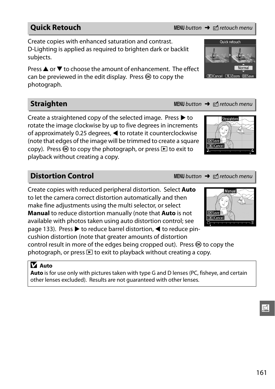 Quick retouch, Straighten, Distortion control | Nikon D3100 User Manual | Page 177 / 224