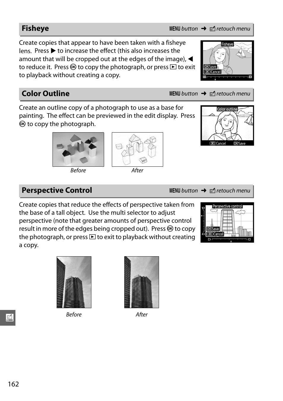 Fisheye, Color outline, Perspective control | Nikon D3100 User Manual | Page 178 / 224