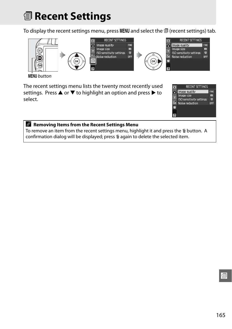 Recent settings, M recent settings | Nikon D3100 User Manual | Page 181 / 224