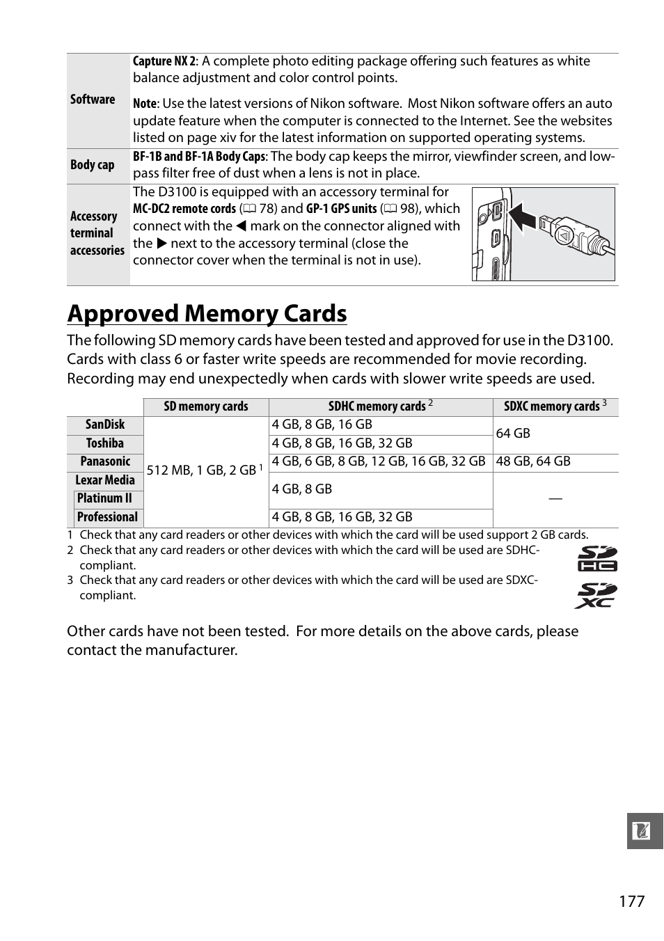 Approved memory cards | Nikon D3100 User Manual | Page 193 / 224