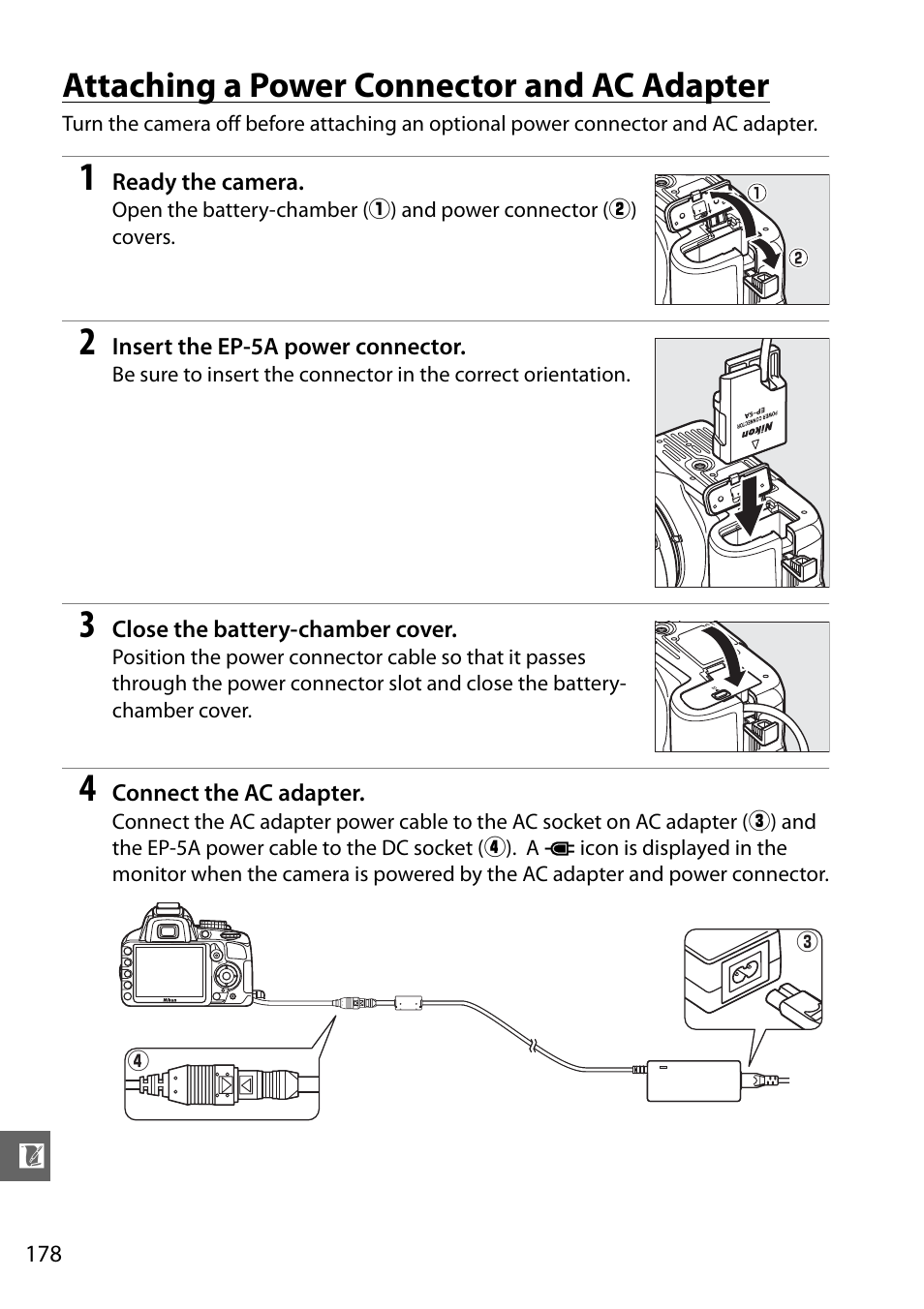 Attaching a power connector and ac adapter | Nikon D3100 User Manual | Page 194 / 224