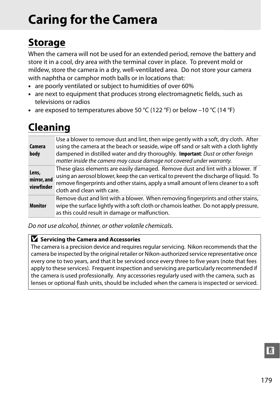 Caring for the camera, Storage, Cleaning | Nikon D3100 User Manual | Page 195 / 224