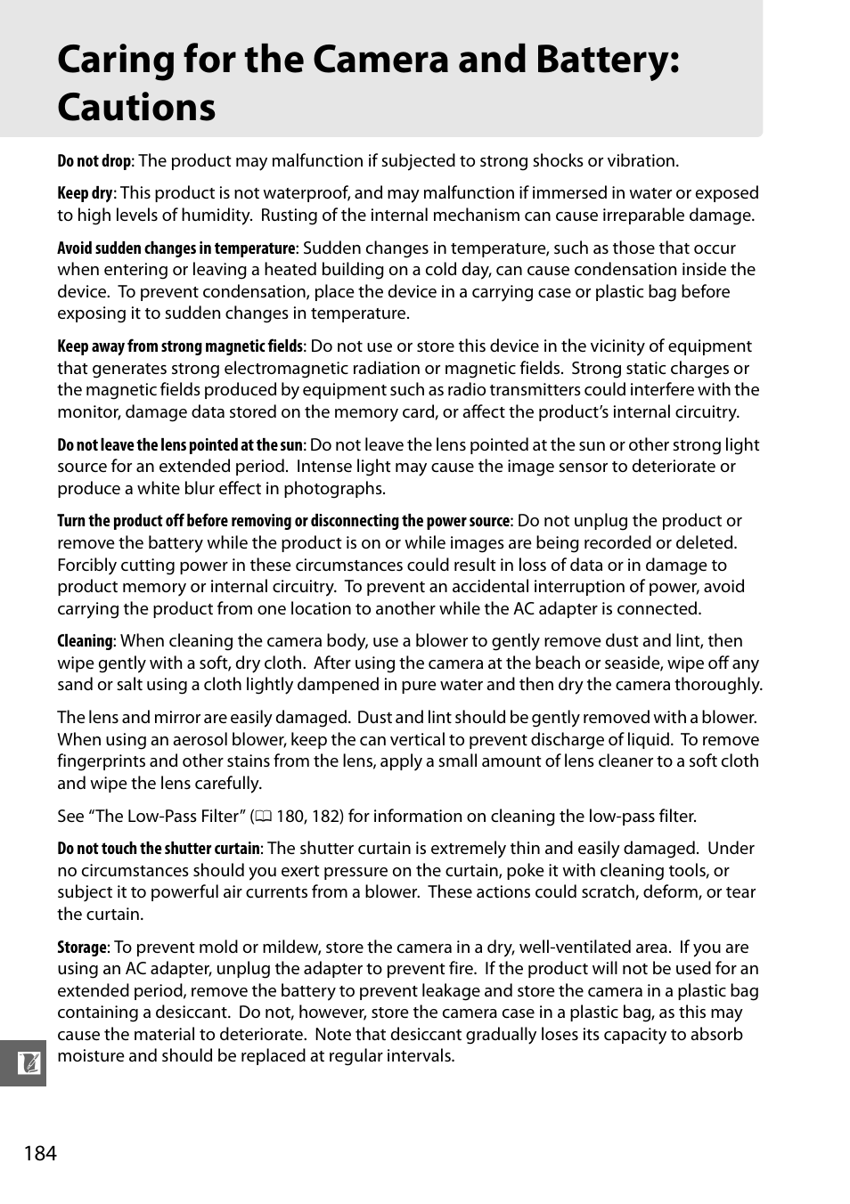 Caring for the camera and battery: cautions | Nikon D3100 User Manual | Page 200 / 224