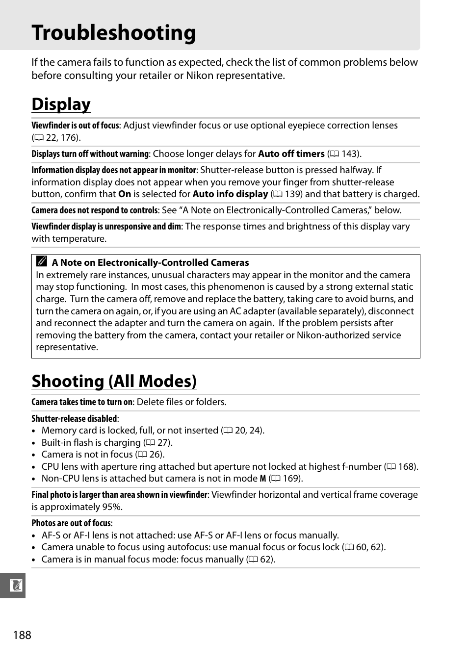 Troubleshooting, Display, Shooting (all modes) | Display shooting (all modes) | Nikon D3100 User Manual | Page 204 / 224