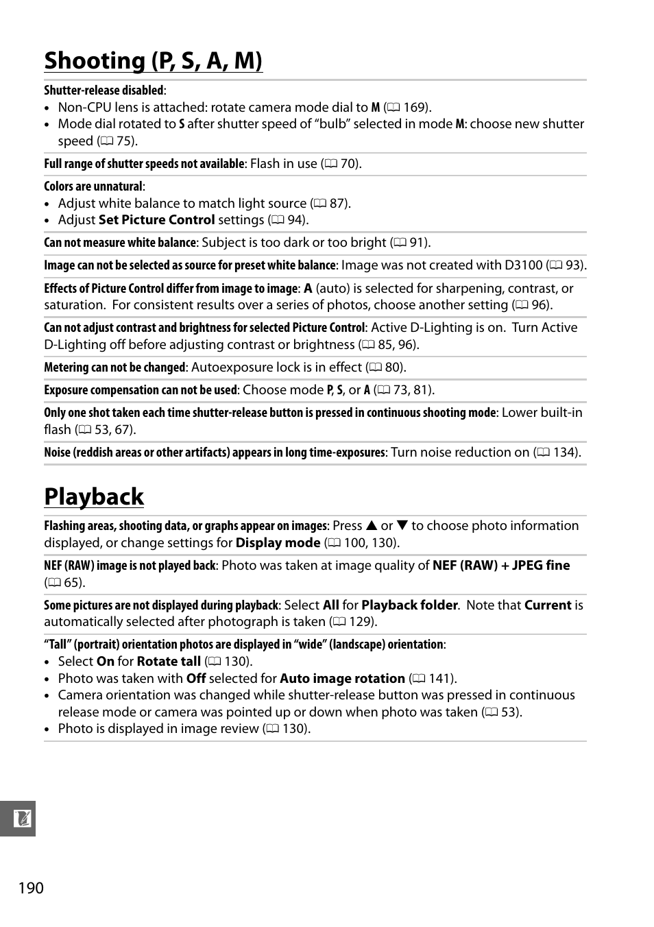 Shooting (p, s, a, m), Playback, Shooting (p, s, a, m) playback | Nikon D3100 User Manual | Page 206 / 224