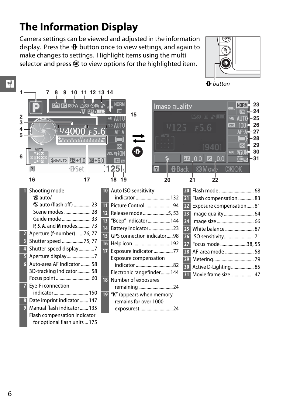 The information display | Nikon D3100 User Manual | Page 22 / 224