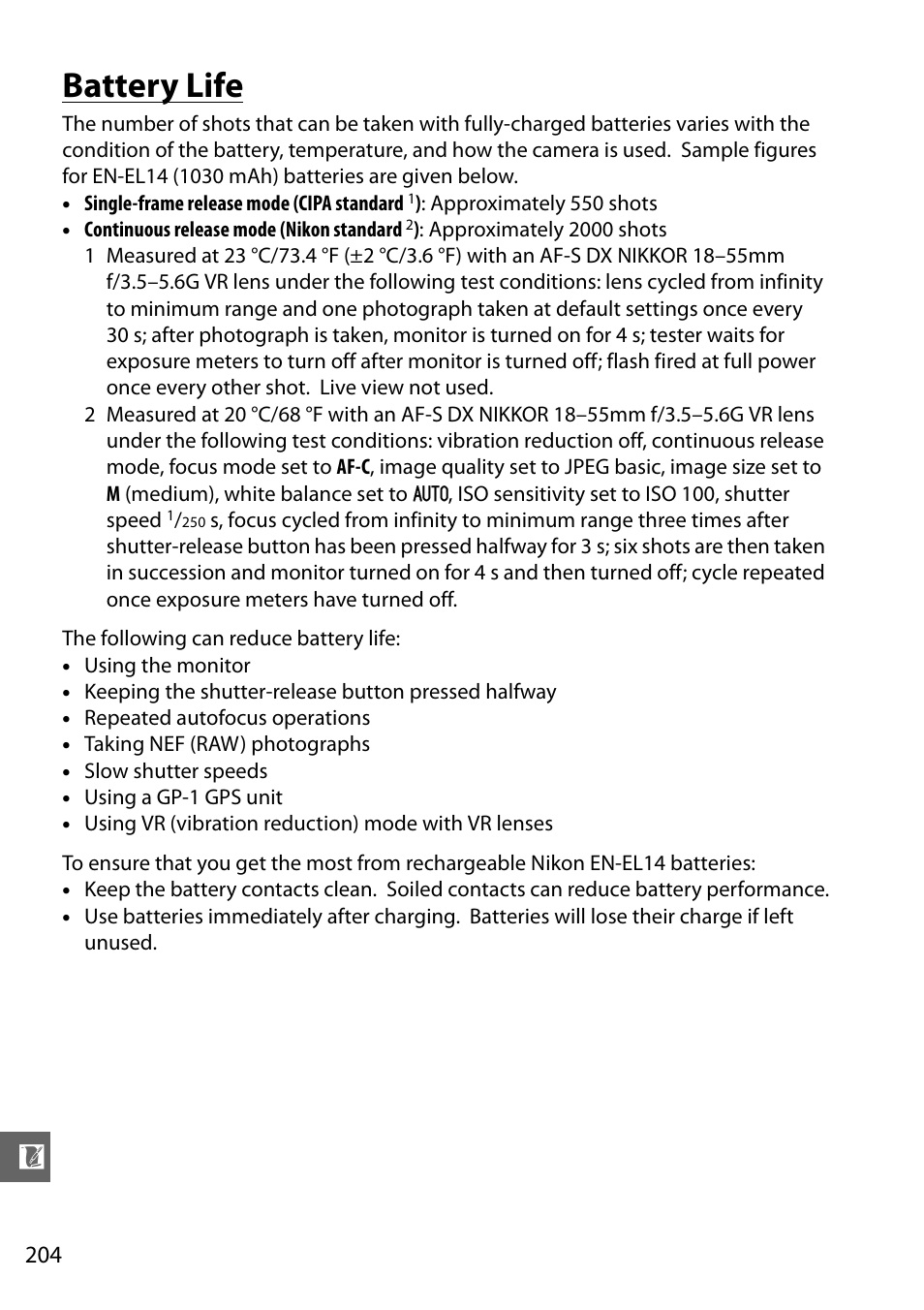 Battery life | Nikon D3100 User Manual | Page 220 / 224