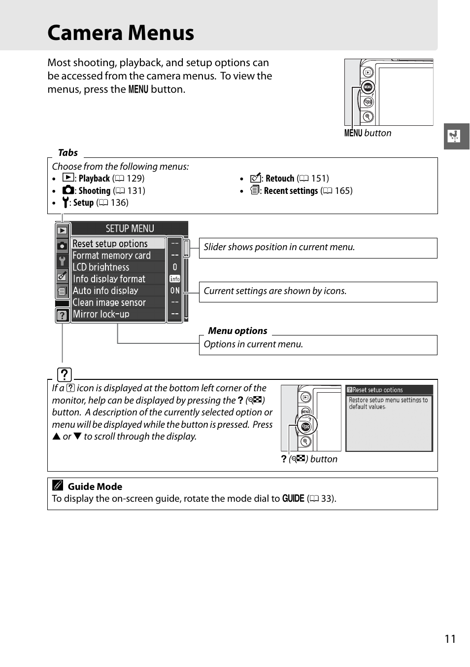 Camera menus | Nikon D3100 User Manual | Page 27 / 224