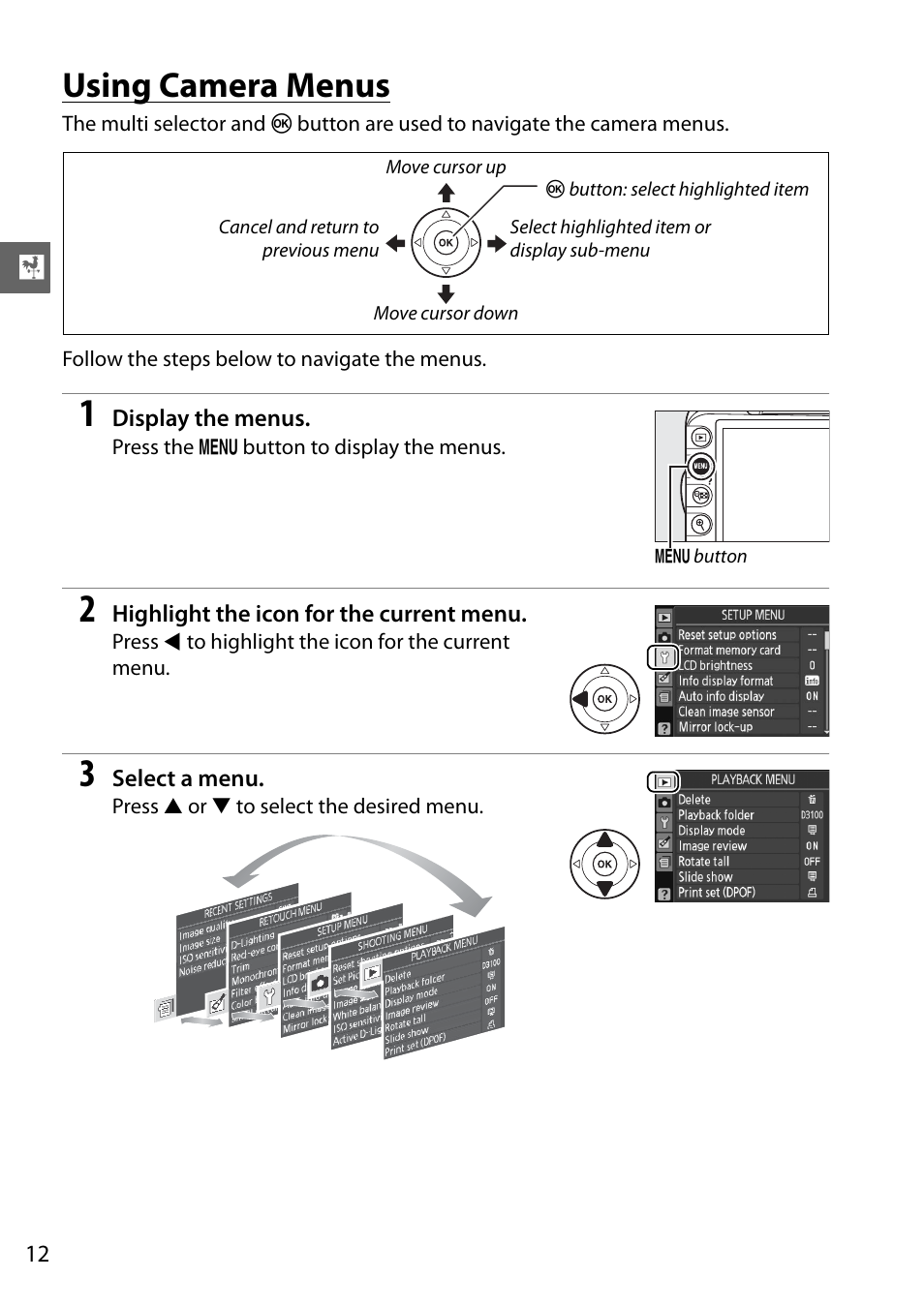 Using camera menus | Nikon D3100 User Manual | Page 28 / 224