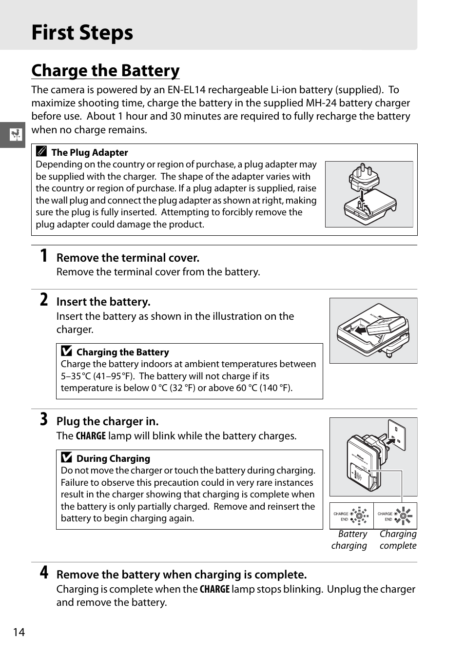 First steps, Charge the battery | Nikon D3100 User Manual | Page 30 / 224