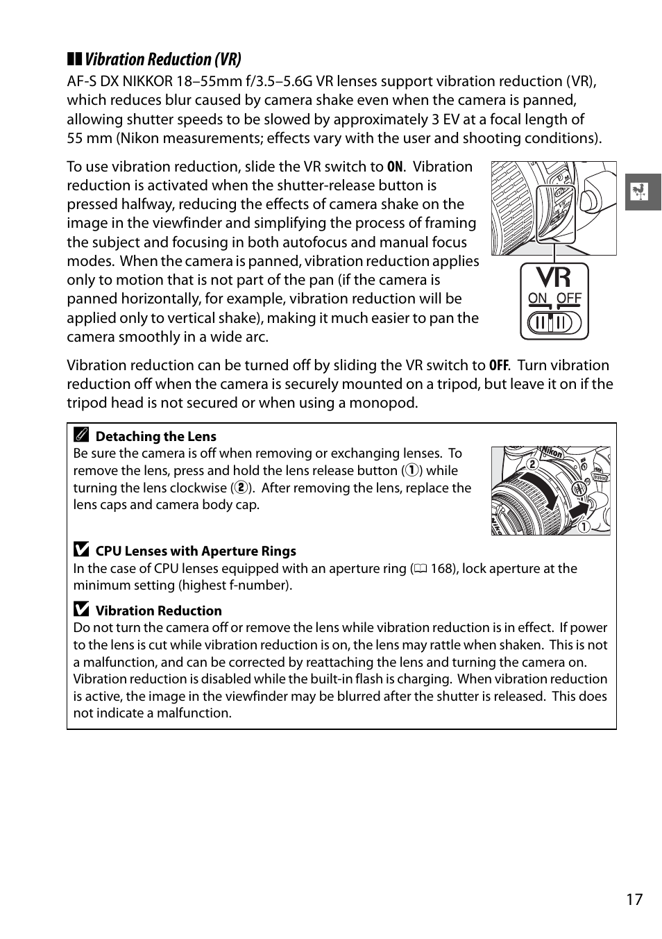 Vibration reduction (vr) | Nikon D3100 User Manual | Page 33 / 224