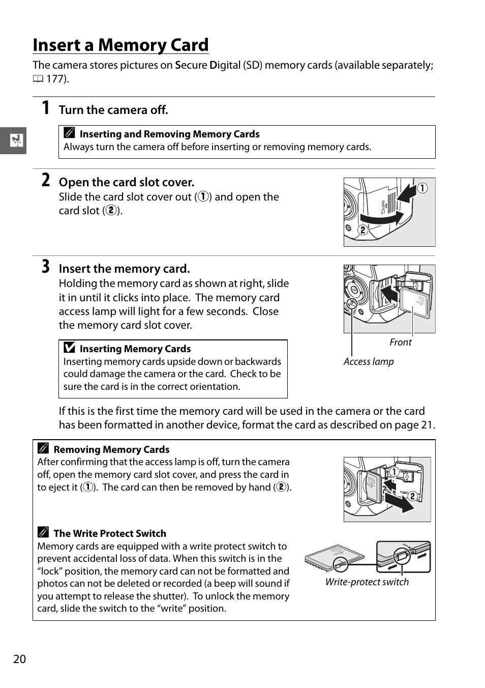 Insert a memory card | Nikon D3100 User Manual | Page 36 / 224