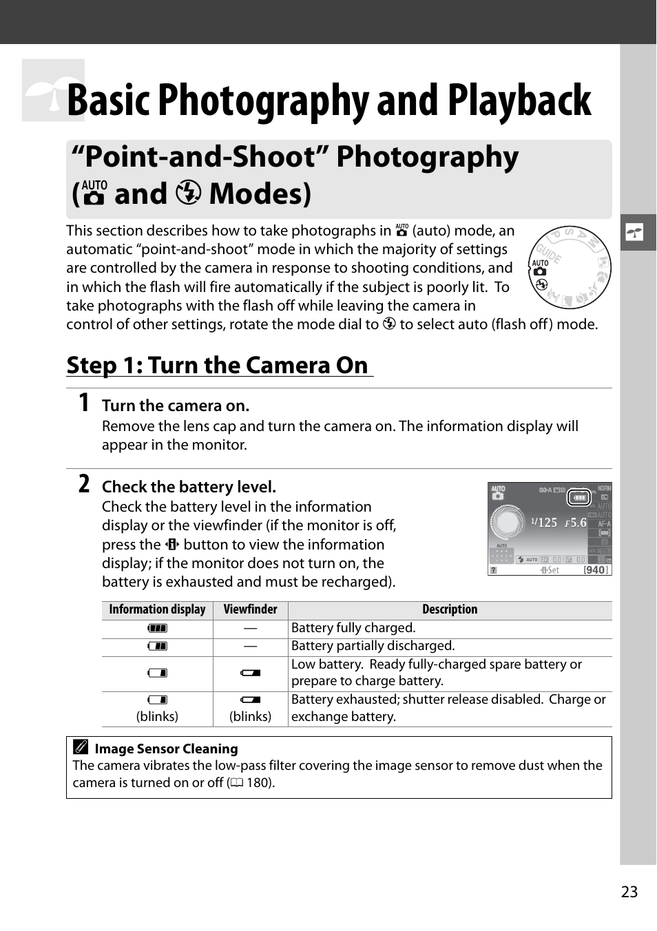 Basic photography and playback, Step 1: turn the camera on, Point-and-shoot” photography ( i and j modes) | Nikon D3100 User Manual | Page 39 / 224
