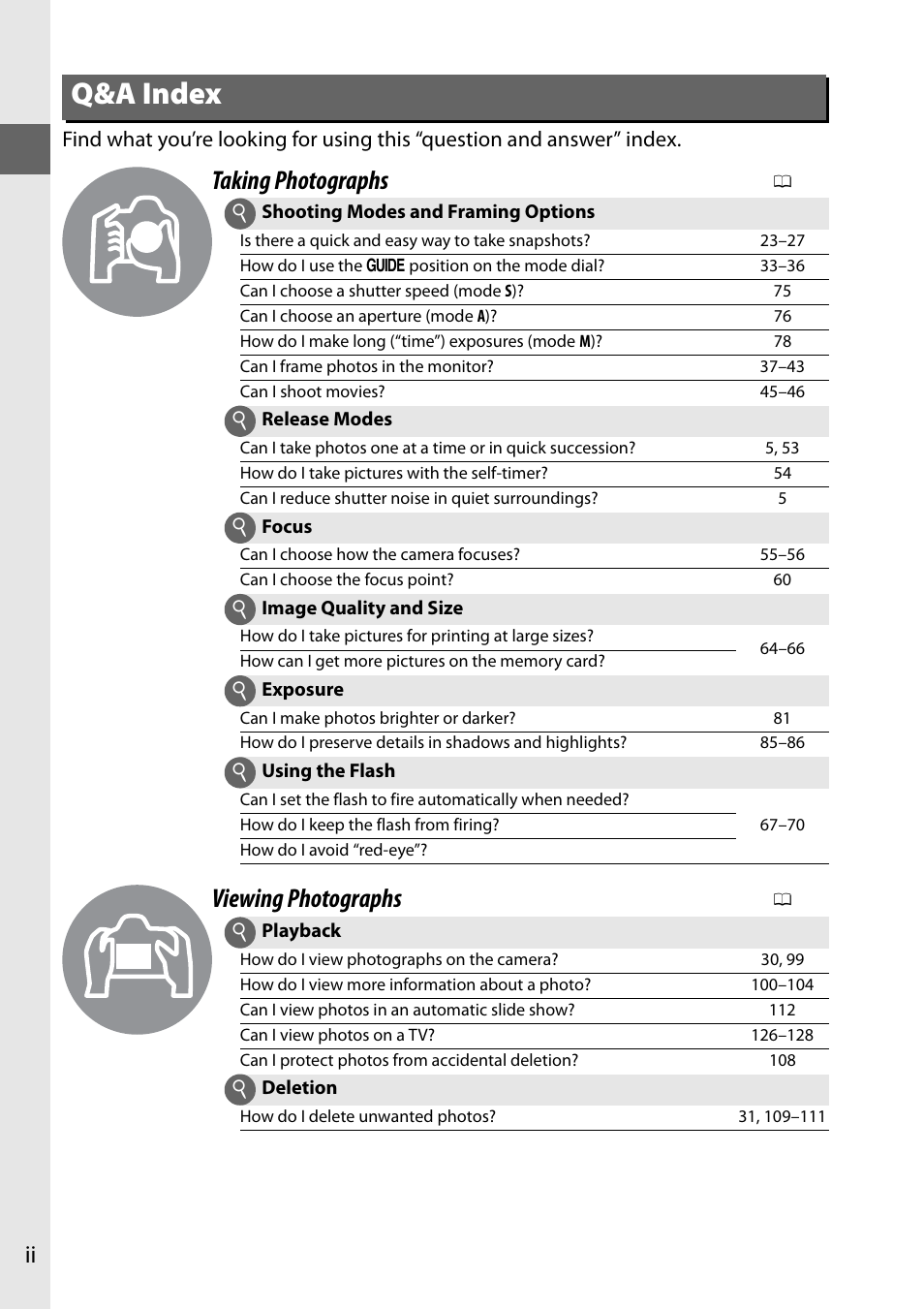 Q&a index, Taking photographs, Viewing photographs | Nikon D3100 User Manual | Page 4 / 224