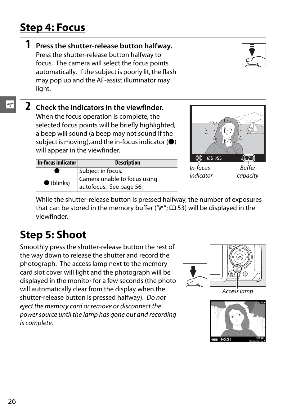 Step 4: focus, Step 5: shoot | Nikon D3100 User Manual | Page 42 / 224