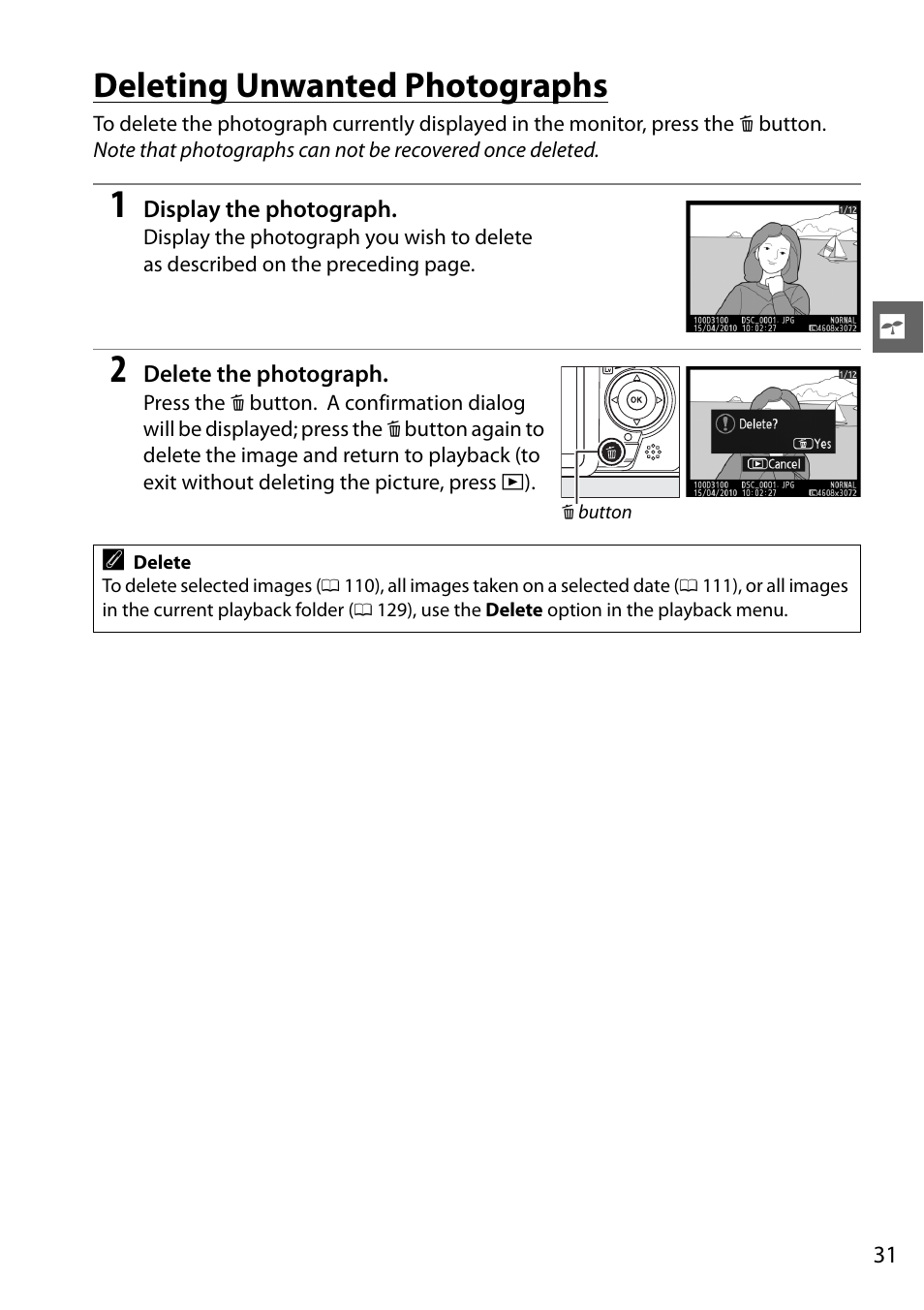 Deleting unwanted photographs | Nikon D3100 User Manual | Page 47 / 224