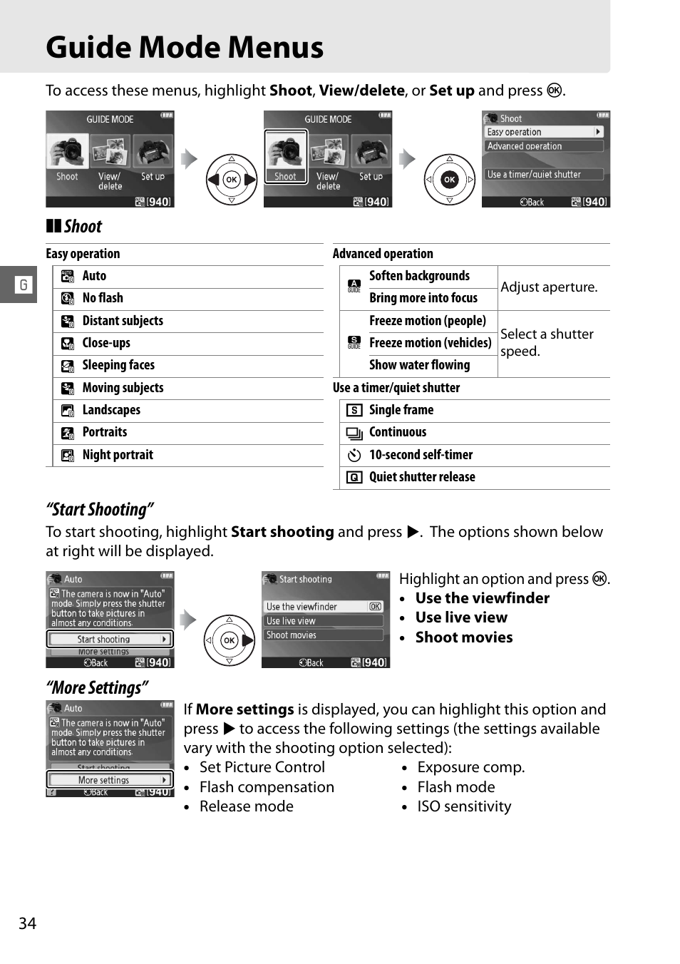 Guide mode menus, Shoot “start shooting, More settings | Nikon D3100 User Manual | Page 50 / 224