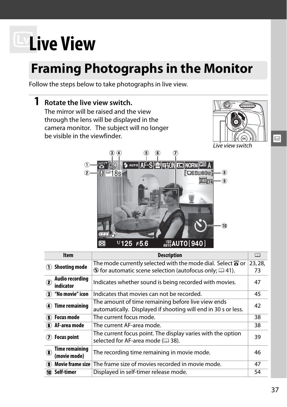 Live view, Framing photographs in the monitor | Nikon D3100 User Manual | Page 53 / 224