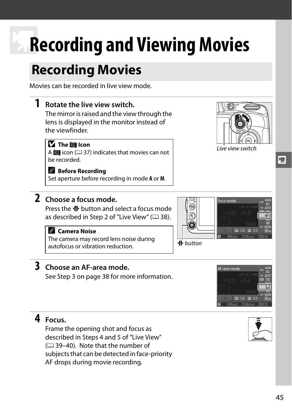 Recording and viewing movies, Recording movies | Nikon D3100 User Manual | Page 61 / 224