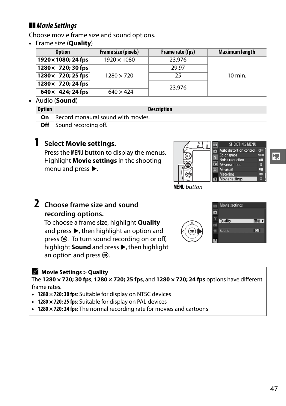 Movie settings | Nikon D3100 User Manual | Page 63 / 224