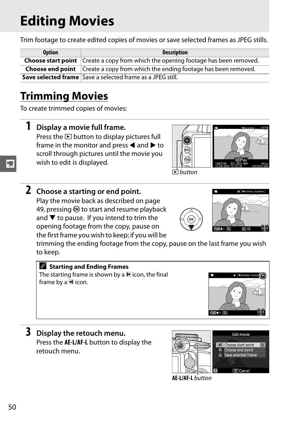 Editing movies, Trimming movies | Nikon D3100 User Manual | Page 66 / 224
