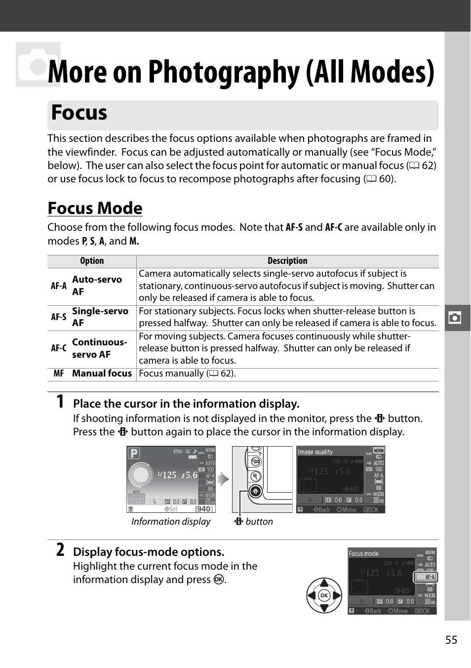 More on photography (all modes), Focus, Focus mode | Nikon D3100 User Manual | Page 71 / 224