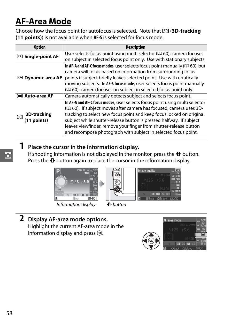 Af-area mode | Nikon D3100 User Manual | Page 74 / 224