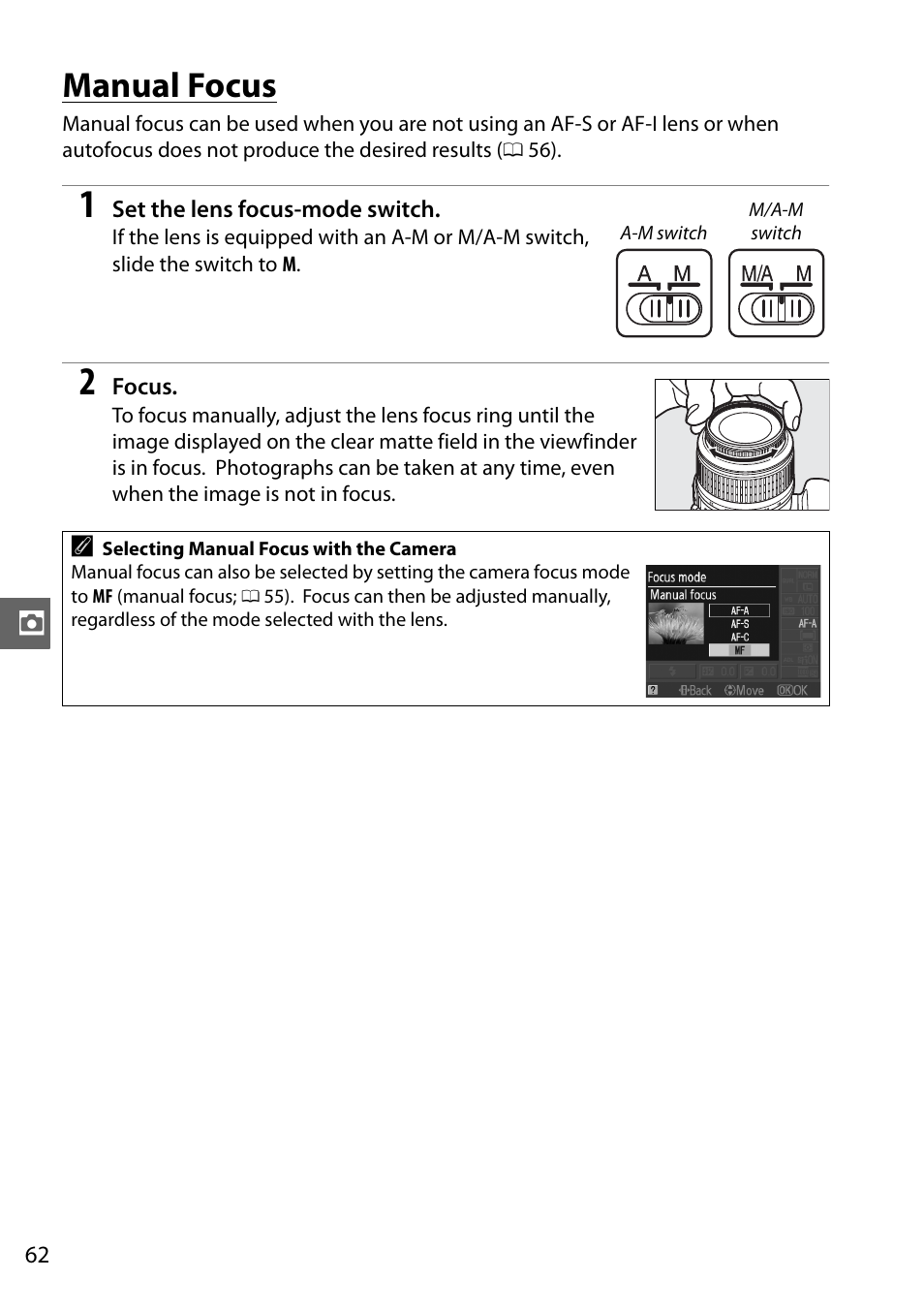 Manual focus | Nikon D3100 User Manual | Page 78 / 224