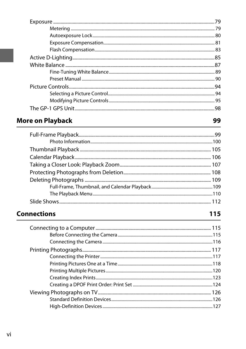 More on playback 99, Connections 115 | Nikon D3100 User Manual | Page 8 / 224