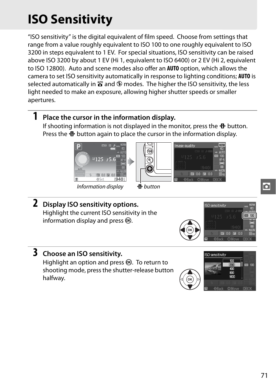 Iso sensitivity | Nikon D3100 User Manual | Page 87 / 224