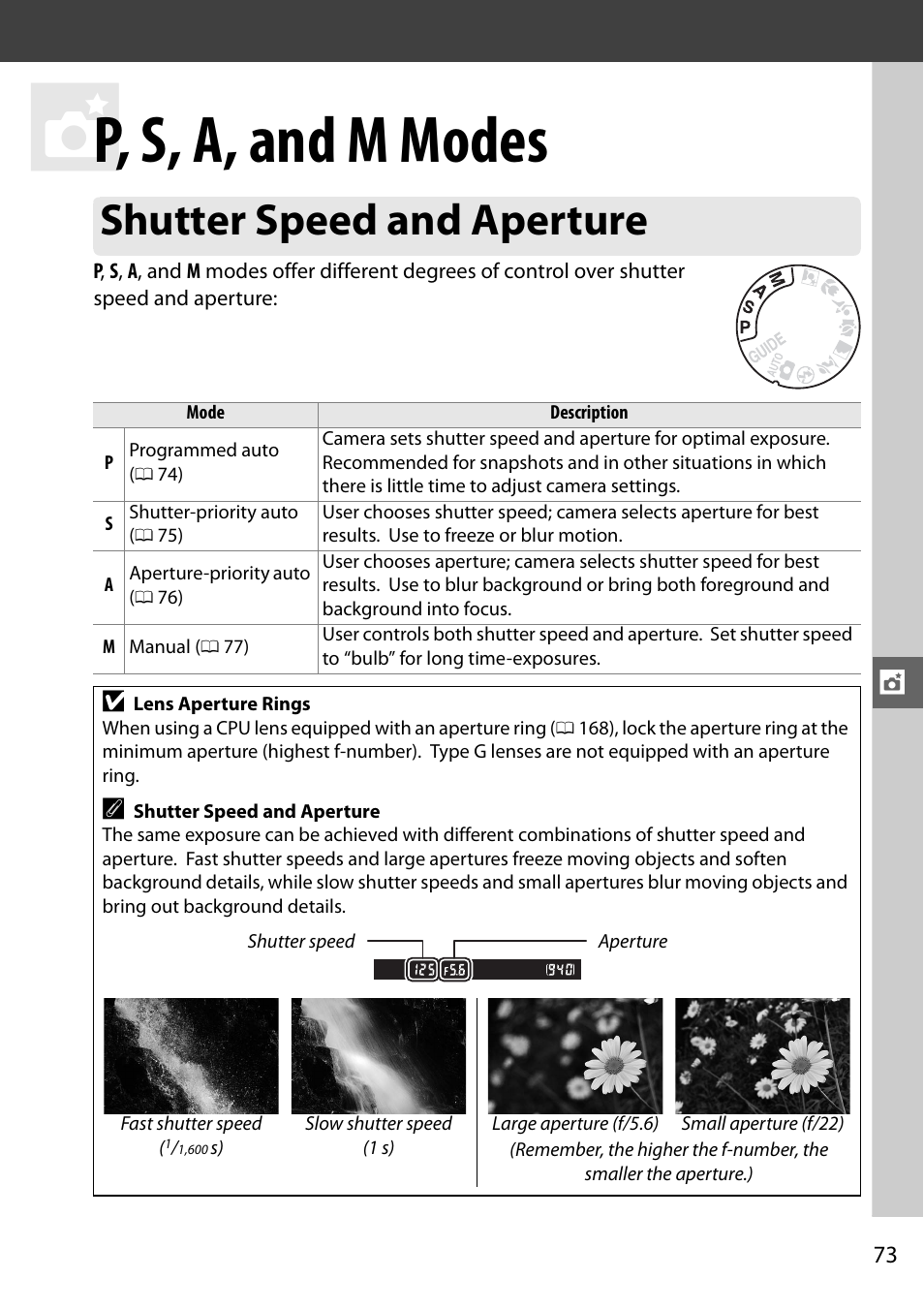 P, s, a, and m modes, Shutter speed and aperture | Nikon D3100 User Manual | Page 89 / 224