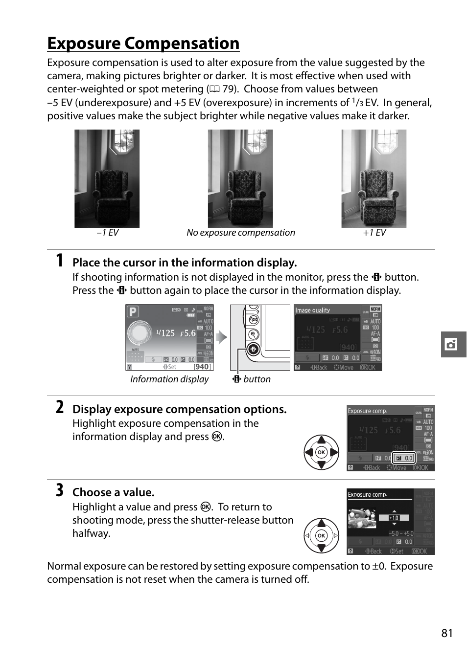 Exposure compensation | Nikon D3100 User Manual | Page 97 / 224