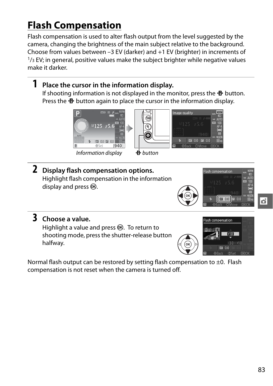 Flash compensation | Nikon D3100 User Manual | Page 99 / 224