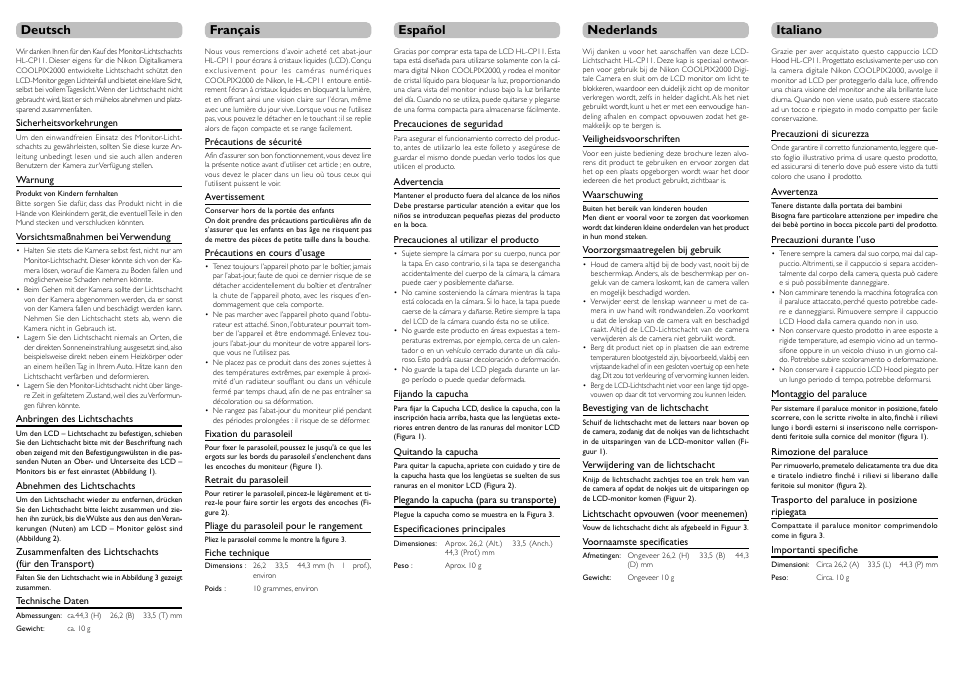 Deutsch français español nederlands italiano | Nikon HL-CP11 LCD Hood 2000 User Manual | Page 2 / 2